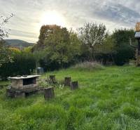 RODINNÝ DOM - CHALUPA, KALŠA - Záhrada rodinného domu v Kalši s krbom a zeleňou na pozadí.