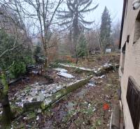 Predaj rodinného domu s pozemkom v  lukratívnej časti mesta Bratislava - Záhrada pri rodinnom dome na Búdkovej ulici v Bratislava - Staré Mesto, stromy a kamene.