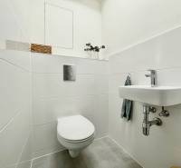 Na predaj štýlový 2-izbový byt s loggiou a parkovaním – TN, Na Pažiti - Toaleta s umývadlom v 2-izbovom byte, biele dlaždice, dekorácia na skrinke.