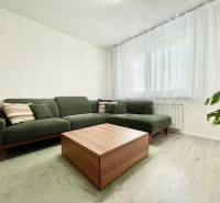 Na predaj štýlový 2-izbový byt s loggiou a parkovaním – TN, Na Pažiti - Obývacia izba s pohodlnou zelenou sedačkou, stolíkom s dreveným dekorom a veľkým oknom.