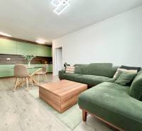 Na predaj štýlový 2-izbový byt s loggiou a parkovaním – TN, Na Pažiti - Obývacia miestnosť 2-izbového bytu s podlahou s dreveným dekorom, zelená sedačka, kuchyňa.