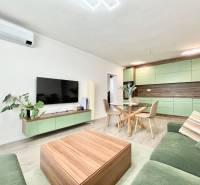 Na predaj štýlový 2-izbový byt s loggiou a parkovaním – TN, Na Pažiti - Obývacia izba v 2-izbovom byte s kuchyňou a podlahou s dreveným dekorom.