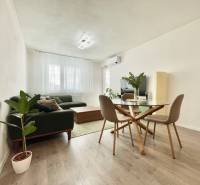 Na predaj štýlový 2-izbový byt s loggiou a parkovaním – TN, Na Pažiti - Svetlá obývacia izba v 2-izbovom byte s podlahou s dreveným dekorom a zelenou pohovkou.