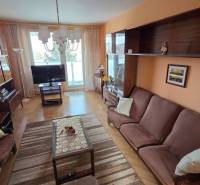 Na prenájom zariadený 3 izbový byt s balkónom Galanta- SNP - Obývacia izba v 3-izbovom byte s pohovkami, skriňami a podlahou s dreveným dekorom.