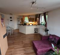 Na prenájom 3 izbový byt z balkónom a parkovacím miestom - Obývacia izba s kuchyňou v 3-izbovom byte s podlahou s dreveným dekorom.