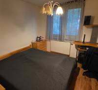 Na prenájom 3 izbový byt z balkónom a parkovacím miestom - Spálňa v 3-izbovom byte s posteľou, pracovným stolom a podlahou s dreveným dekorom.