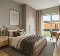 DOLINKY - Moravany nad Váhom 5 izbový bungalov - Interiér Rodinného domu s posteľou, skriňami, obrazom a podlahou s dreveným dekorom.