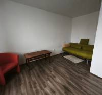 PREDAJ: 1i byt 30m2 - BAURING - FONČORDA - Orenburská ul. - 1-izbový byt s podlahou s dreveným dekorom, zelenou pohovkou a červeným kreslom.