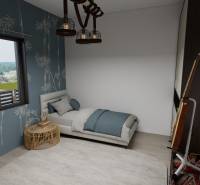 NOVOSTAVBA  ATRAKTÍVNY 4 I RODINNÝ DOM,650m2 pozemok - Izba v Rodinnom dome s posteľou, gitarou a modrou tapetou.