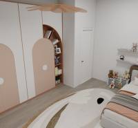 NOVOSTAVBA  ATRAKTÍVNY 4 I RODINNÝ DOM,650m2 pozemok - Detská izba v rodinnom dome s posteľou, skrinkami a dekoratívnymi hračkami, podlaha s dreveným dekorom.