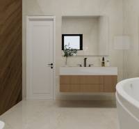 NOVOSTAVBA  ATRAKTÍVNY 4 I RODINNÝ DOM,650m2 pozemok - Minimalistická kúpeľňa s vaňou, umývadlom a podlahou s dreveným dekorom v rodinnom dome.