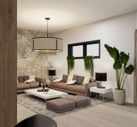 NOVOSTAVBA  ATRAKTÍVNY 4 I RODINNÝ DOM,650m2 pozemok - Obývacia izba v rodinnom dome s pohodlnou pohovkou a podlahou s dreveným dekorom.