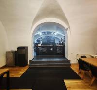 Odstúpenie prenájmu zabehnutej street food reštaurácie – centrum Trnav - Interiér gastro priestorov s klenbami, tabuľovými stenami a podlahou s dreveným dekorom.