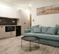 ŠIKOVNÁ GARSÓNKA na PRENÁJOM v CENTRE MESTA na BEZRUČOVEJ ul. - Garsónka s kuchyňou, modrým gaučom, okrúhlym stolíkom a podlahou s dreveným dekorom.