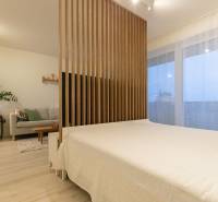 Slnečný 1,5i byt s loggiou a parkovaním - Kuchyňa so svetlým nábytkom, pohovkou a lôžkom v 1-izbovom byte, podlaha s dreveným dekorom.