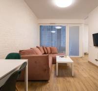 Zariadený 2i byt s lodžiou v rezidencii Pri Mýte - Obývacia izba v 2-izbovom byte s pohovkou, televízorom a podlahou s dreveným dekorom.