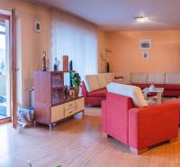 Obrovská vila pre luxusný život aj podnikanie (pripravujeme) - Obývacia izba vo vile s červenou sedačkou a podlahou s dreveným dekorom.