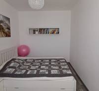 Na predaj 3izbový byt Tranovského , Dúbravka - Spálňa s posteľou, obrazom, knihami a podlahou s dreveným dekorom v 3-izbovom byte.