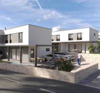 CHORVÁTSKO - Nový apartmánový komplex - MANDRE, ostrov PAG - Radová zástavba moderných domov s bazénom a príjazdovou cestou v Mandre.