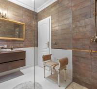 Exkluzívna honosná kúria | 3 ha pozemok | Dunakiliti - HU - Kúpeľňa so zlatým umývadlom, zrkadlom v ráme a dekoratívnou stoličkou.