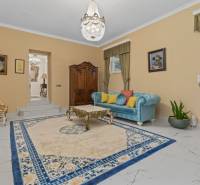 Exkluzívna honosná kúria | 3 ha pozemok | Dunakiliti - HU - Obývacia izba s modrou sedačkou, drevenými skrinkami a lustrom, Zvláštne nehnuteľnosti.