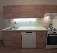 Prenájom 3 izbového bezbariérového bytu, Vetvová ulica, Bratislava - Kuchyňa s drevenými dekorom, umývadlom, umývačkou a sporákom v 3-izbovom byte.