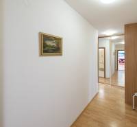 Veľkorysý, príjemný 3(4) izb. byt, 105m2, lodžia, terasa, parkovanie - Chodba v 3-izbovom byte s podlahou s dreveným dekorom, zrkadlom a obrazy na stenách.