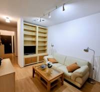 SLNEČNÝ KOMPLETNE ZARIADENÝ 2 IZB. BYT PRI ŠTRKOVECKOM JAZERE.  - Obývacia izba v 2-izbovom byte s krémovou sedačkou a podlahou s dreveným dekorom.