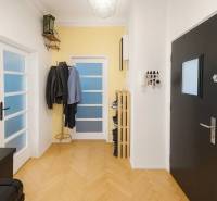 Svetlý, jedinečný 2i byt 62m2, po rekonštrukcií, s pivnicou   - Chodba v 3-izbovom byte s podlahou s dreveným dekorom, vešiakom a dverami.