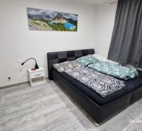 Nový rodinný dom, 7 minút od centra Košíc v tichej uličke pod lesom - Spálňa v rodinnom dome s posteľou, nočným stolíkom a podlahou s dreveným dekorom.