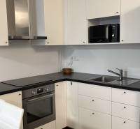 Predaj 1ibyt (garsonka) v uzavretom areáli v DNV (novostavba) - Kuchyňa v 1-izbovom byte s bielymi skrinkami, čiernou pracovnou doskou a podlahou s dreveným dekorom.