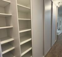 Predaj 1ibyt (garsonka) v uzavretom areáli v DNV (novostavba) - Vstavaná skriňa v 1-izbovom byte s posuvnými dverami a podlahou s dreveným dekorom.