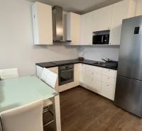 Predaj 1ibyt (garsonka) v uzavretom areáli v DNV (novostavba) - Kuchynská linka v 1-izbovom byte s podlahou s dreveným dekorom a jedálenským stolom.