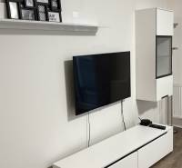 Predaj 1ibyt (garsonka) v uzavretom areáli v DNV (novostavba) - Televízor na stene, biela komoda, obrazy a podlaha s dreveným dekorom v 1-izbovom byte.