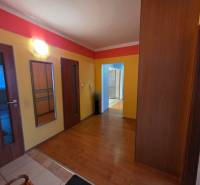 Na predaj priestranný 4-izbový byt 87 m2, Považská Bystrica - Farebná chodba v 4-izbovom byte s podlahou s dreveným dekorom, vstavaná skriňa.