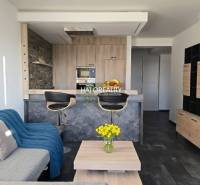 Predaj, dvojizbový byt Trnava, Arbória, garážové stá... - Obývačka v 2-izbovom byte s otvorenou kuchyňou a podlahou s dreveným dekorom.