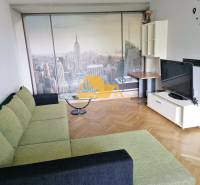 Prenajmem 3 izbový byt v Nových Zámkoch - Obývačka s piškótovým gaučom, tapetou New Yorku a podlahou s dreveným dekorom v 3-izbovom byte.