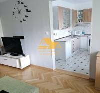 Prenajmem 3 izbový byt v Nových Zámkoch - Obývačka v 3-izbovom byte s podlahou s dreveným dekorom a kuchyňou v pozadí.