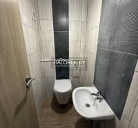 Predaj, rodinný dom Chynorany - Toaleta s umývadlom v rodinnom dome, obkladaná steny, podlaha s dreveným dekorom.