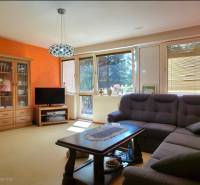 SLOVREAL - Predaj rodinného domu - Handlová - Obývacia izba s oranžovými stenami, pohovkou a presklenou skriňou v rodinnom dome.