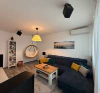 KRÁSNY, ÚTULNÝ A ŠTÝLOVÝ 3 IZBOVÝ BYT | DUBRAVKA - Obývacia izba v 3-izbovom byte s podlahou s dreveným dekorom a závesným kreslom.