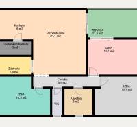 Novostavba samostatne stojaceho RD v štandarde, nízka spotreba - Pôdorys rodinného domu s tromi izbami, kuchyňou, kúpeľňou a terasou.
