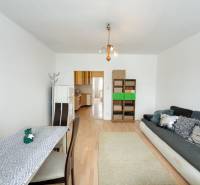 Na predaj 2,5- izbový byt Žilina-Solinky - Obývacia izba v 2-izbovom byte, podlaha s dreveným dekorom, pohovka, jedálenský stôl.