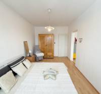 Na predaj 2,5- izbový byt Žilina-Solinky - Spálňa s posteľou, skriňou a podlahou s dreveným dekorom v 2-izbovom byte.