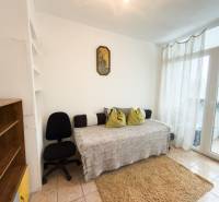 Na predaj 2,5- izbový byt Žilina-Solinky - Obývacia izba v 2-izbovom byte s pohovkou, koberec, stolička, regál na knihy.