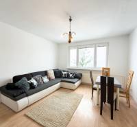 Na predaj 2,5- izbový byt Žilina-Solinky - Obývacia izba v 2-izbovom byte s podlahou s dreveným dekorom, pohovkou a jedálenským stolom.