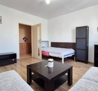 PRIESTRANNÝ 1-IZBOVÝ BYT, 38 M², BANSKÁ BYSTRICA - SITNIANSKA - Obývacia izba v 1-izbovom byte s podlahou s dreveným dekorom a nábytkom v tmavom tóne.