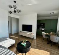 PREDAJ - 2-izbový byt v nádhernej lokalite Dvorníky - Obývacia izba s podlahou s dreveným dekorom, pohovkou a jedálenským kútom v 2-izbovom byte.