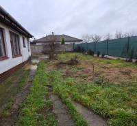 Na predaj 5 izbový rodinný dom Vinohrady nad Váhom - Dvor rodinného domu vo Vinohradoch nad Váhom so zeleným trávnikom a jednoduchým oplotením.