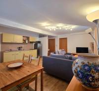 Apartmán, Nová Lesná, 46m2 + balkón, park. miesto, zariadený  - Obývacia izba s kuchynským kútom v rekreačnom apartmáne, podlaha s dreveným dekorom.